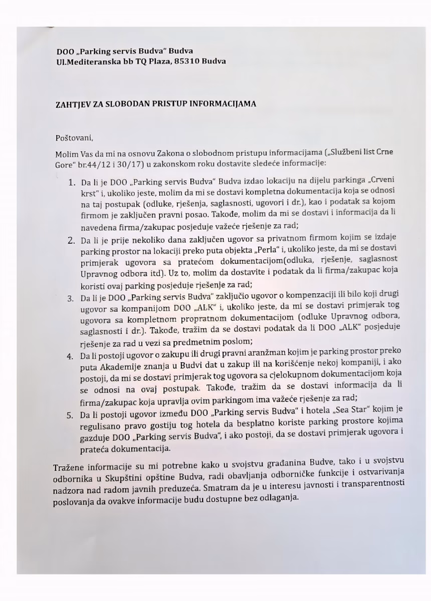 Odbornik DCG podnio zahtjev za uvid u dokumentaciju Parking servisa Budva